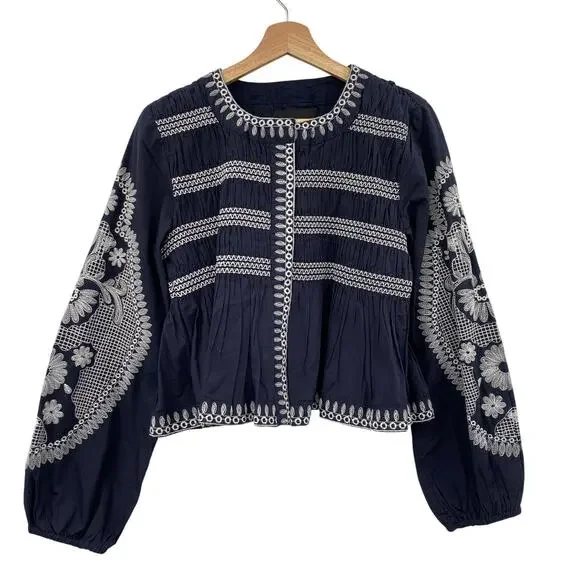 7 for all Mankind Embroidered Navy Blue balloon sleeve top smocked shacket - Picture 3 of 7